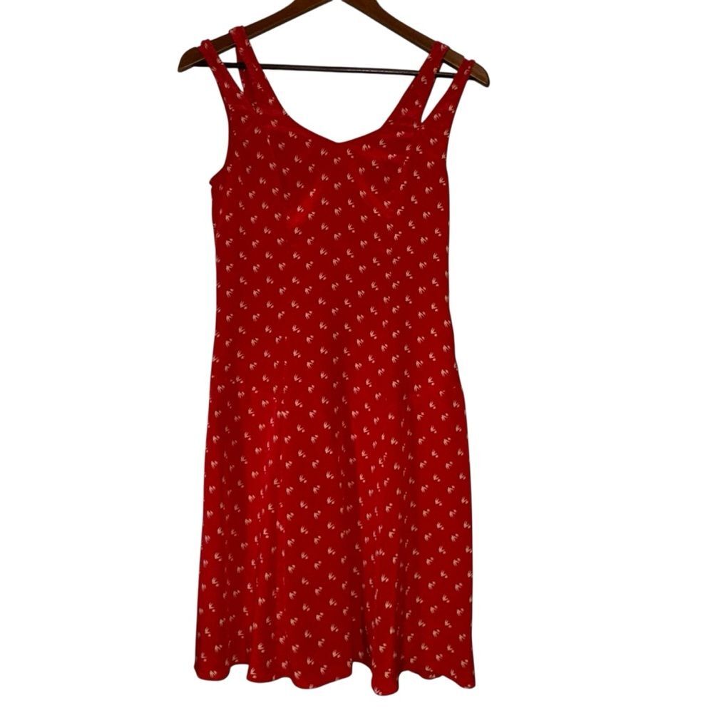 Anthropologie Moulinette Soeurs Scarlet Red Dress with Ivory Bird Motif
